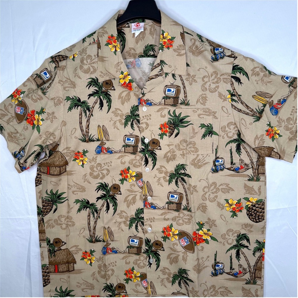 Vintage NFL DirecTV Hawaiian Shirt Mens XL Beige Floral Palm Tree Made in‎ USA